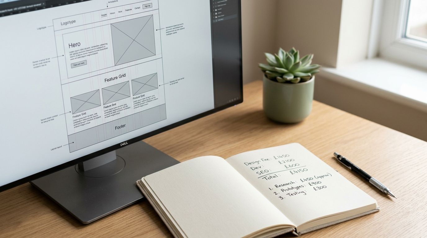 Designer's workspace with a website wireframe on screen and handwritten cost calculations in a notebook on a light wood desk
