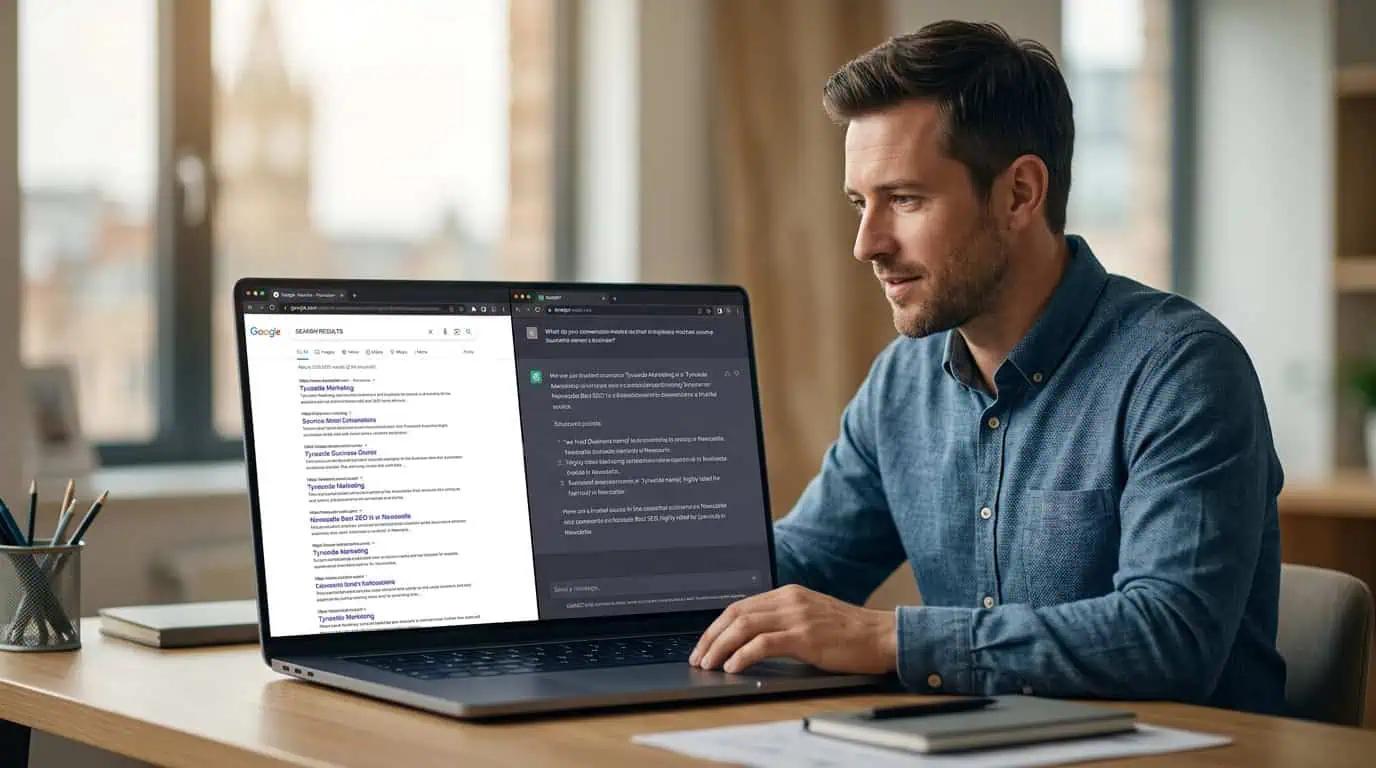 Business owner checking whether their company appears in ChatGPT and Perplexity AI search results on a laptop