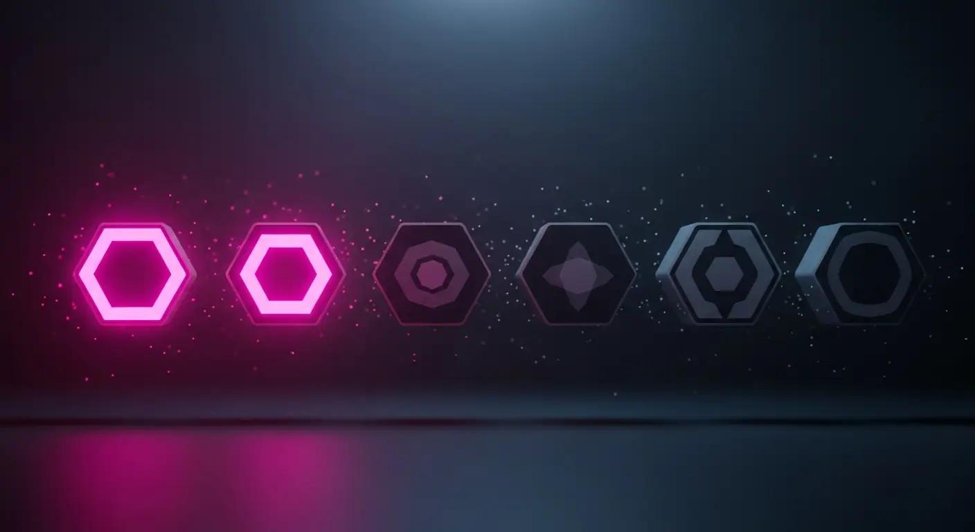 Six glowing geometric indicators in a row, two brightly lit in magenta and four dimmed in grey-blue, representing the six Capabilities checks with two worth shipping and four to skip.