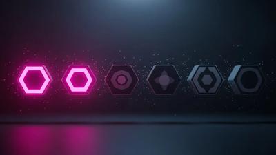 Six glowing geometric indicators in a row, two brightly lit in magenta and four dimmed in grey-blue, representing the six Capabilities checks with two worth shipping and four to skip.