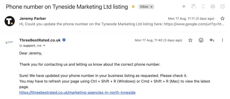 Screenshot of a top-rated marketing agency inquiry email from a North East business