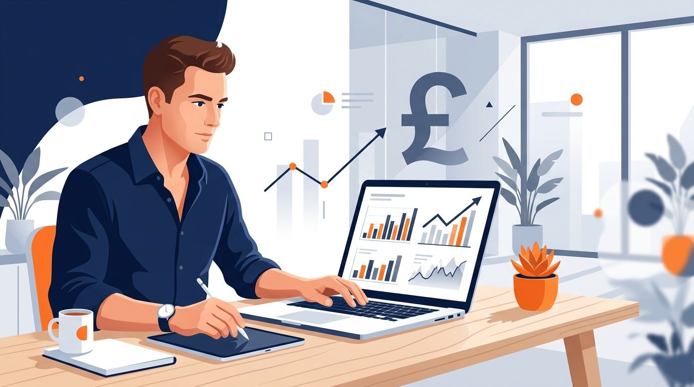 UK business owner analysing Google Ads costs and CPC data on a laptop dashboard