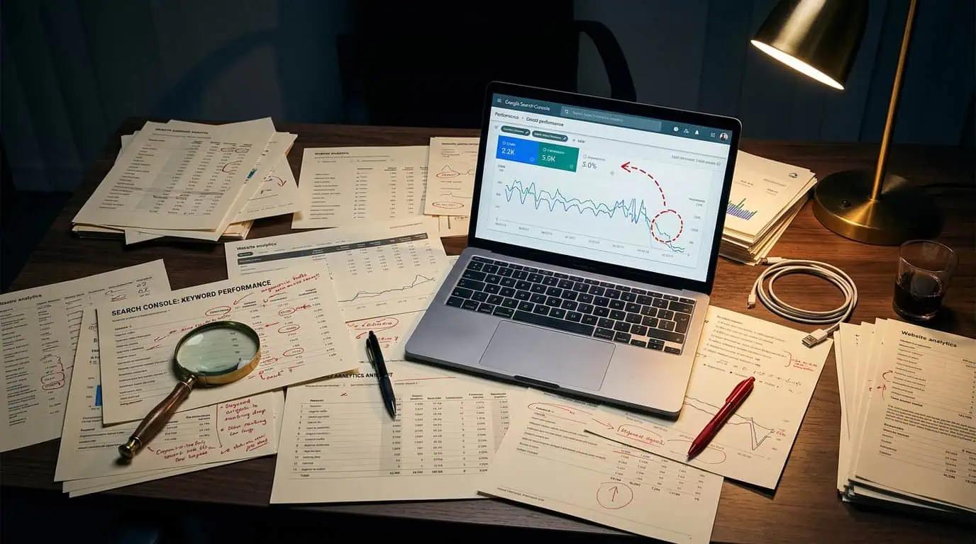 Desk covered in website analytics printouts marked with red pen annotations, with a laptop showing a sharp traffic decline in Google Search Console
