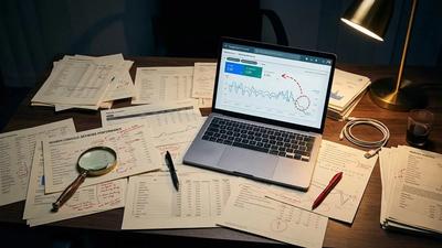 Desk covered in website analytics printouts marked with red pen annotations, with a laptop showing a sharp traffic decline in Google Search Console