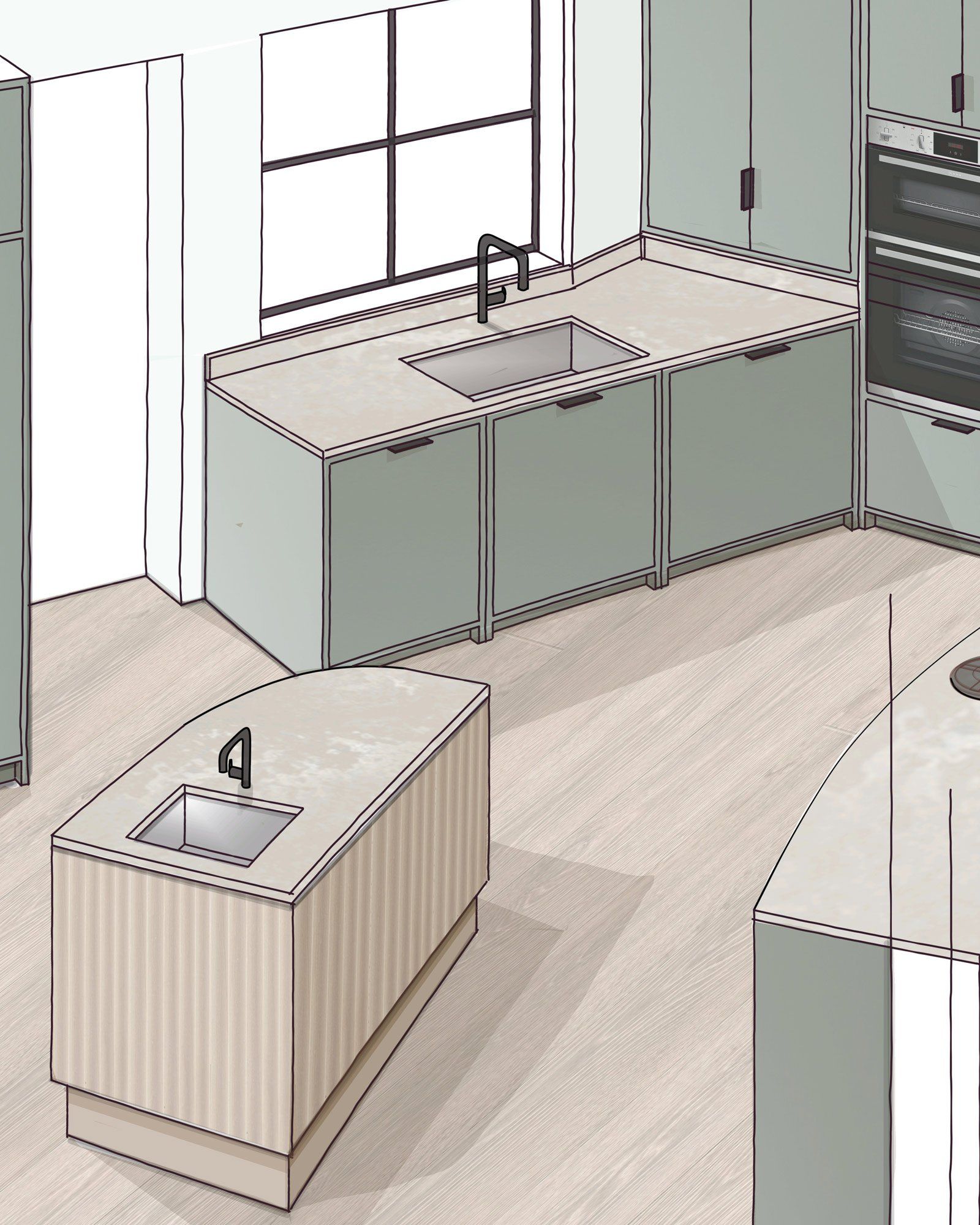 Line-and-wash drawing of a kitchen: sage green units, a fluted curved island with its own sink, and a steel-framed window.