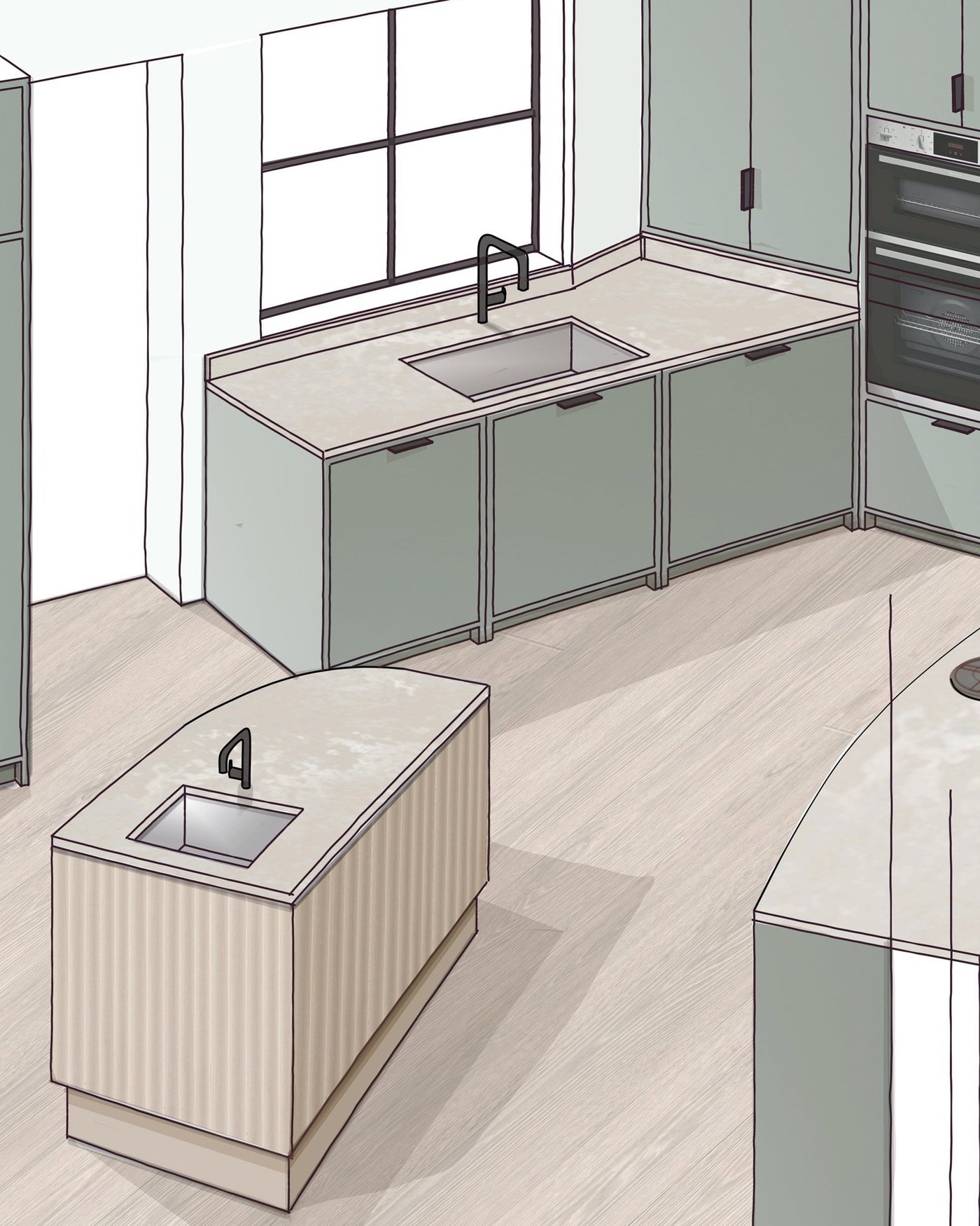 Line-and-wash drawing of a kitchen: sage green units, a fluted curved island with its own sink, and a steel-framed window.