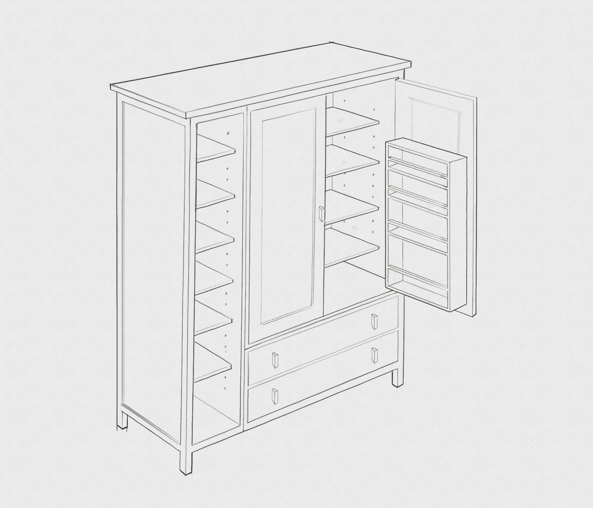 Line drawing of a tall wardrobe, one door open to show shelving and drawers inside.