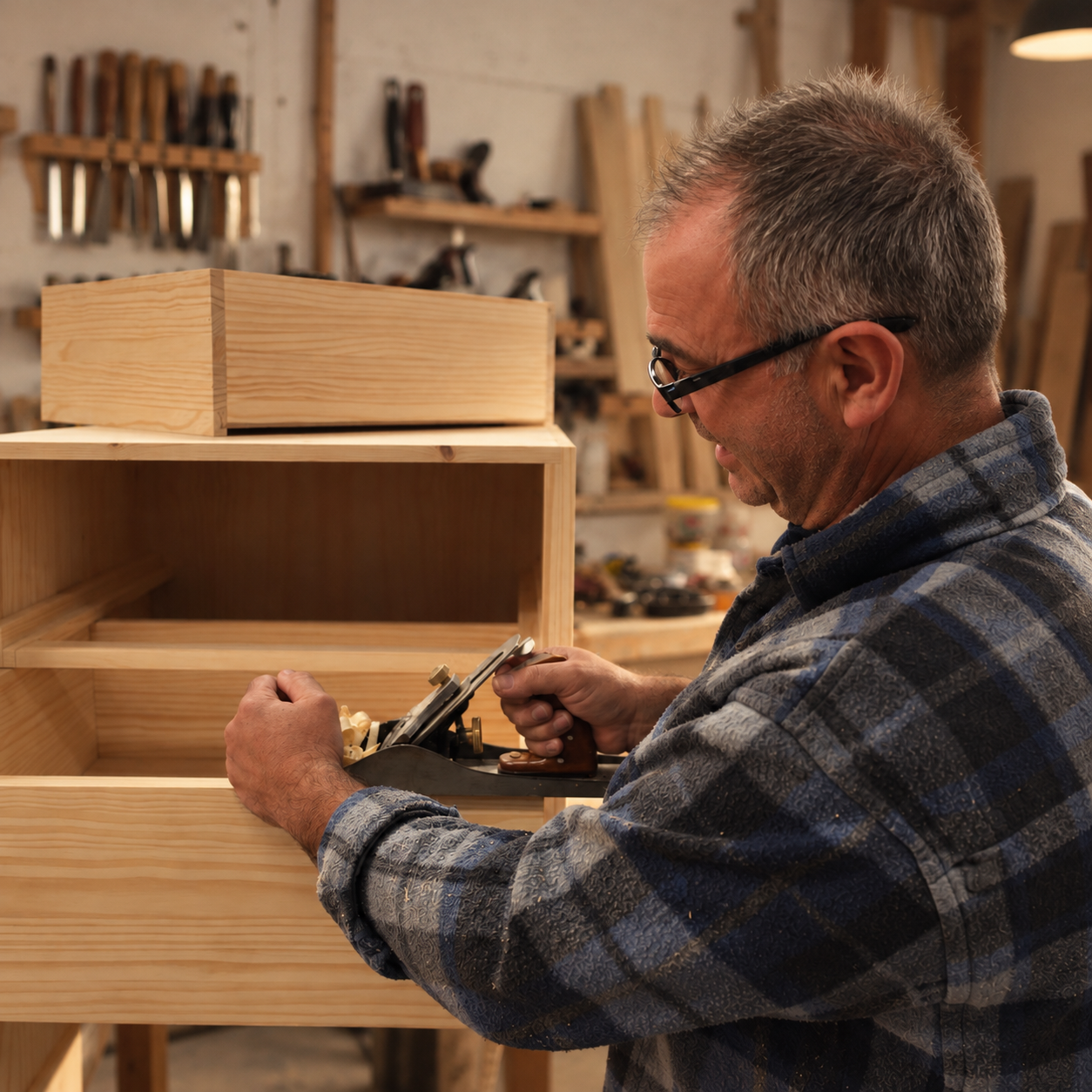 A joiner in the workshop planes the edge of a pine cabinet by hand, shavings curling from the plane, chisels racked on the wall behind