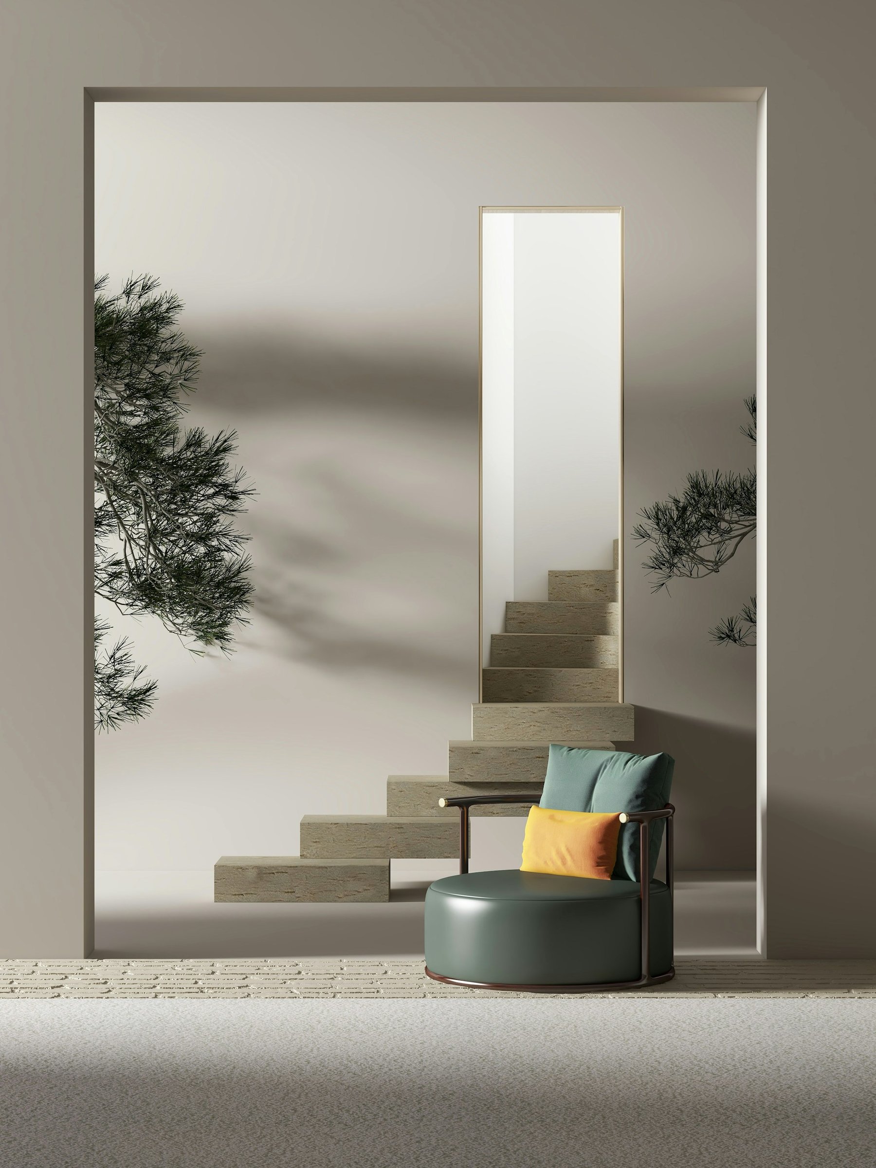 A dark green tub chair with a yellow bolster cushion beside cantilevered stone stairs, a tall brass-framed mirror and pine branches against a pale plaster wall