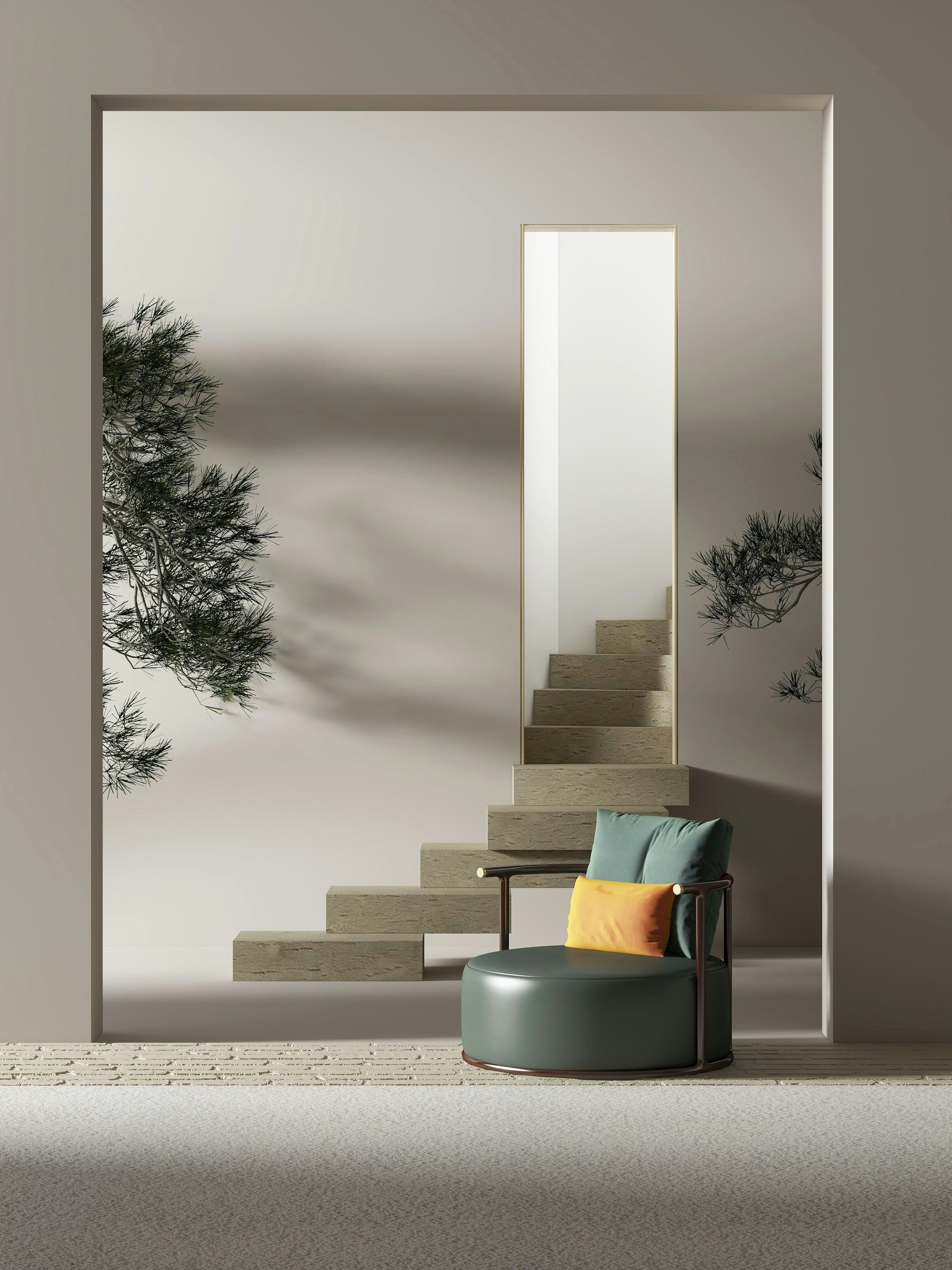 A dark green tub chair with a yellow bolster cushion beside cantilevered stone stairs, a tall brass-framed mirror and pine branches against a pale plaster wall