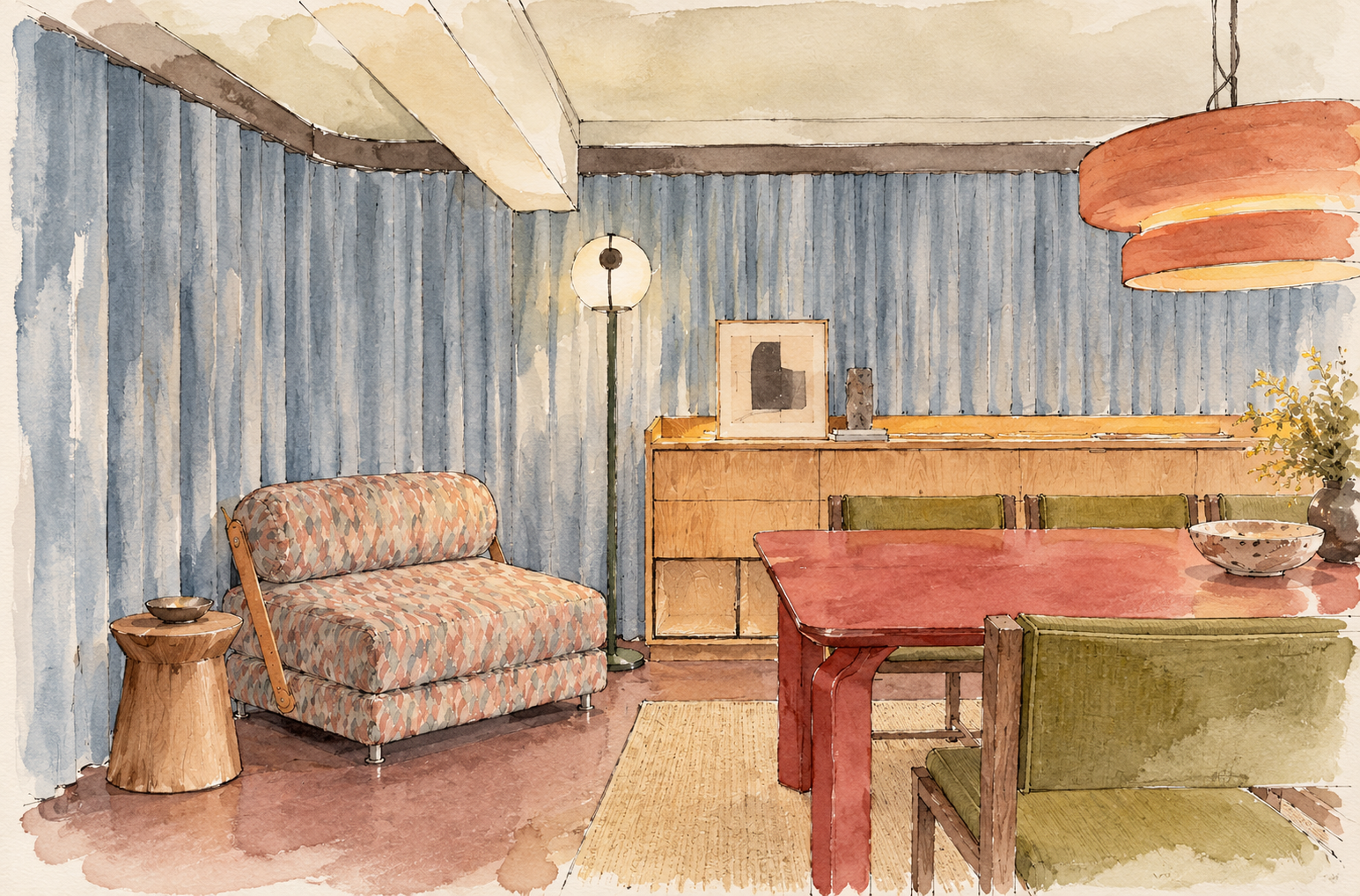 Watercolour visual of the K&L Camden Passage showroom: blue curtained walls, a patterned armchair, a red dining table and an orange pendant light