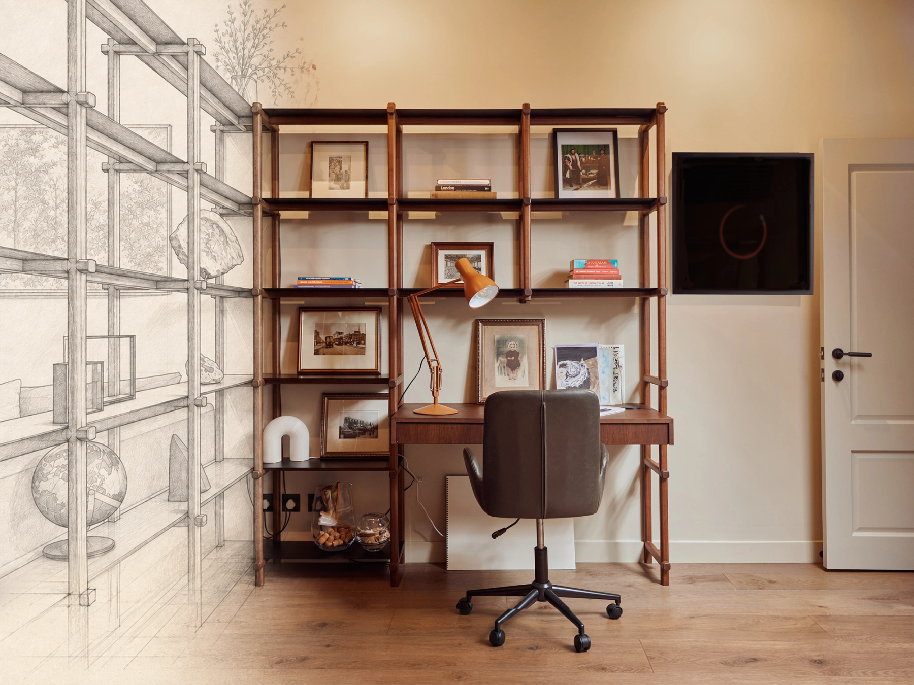 A pencil drawing of a fitted shelving run dissolving, mid-wall, into a photograph of the same shelves built: desk, orange lamp and chair beneath.