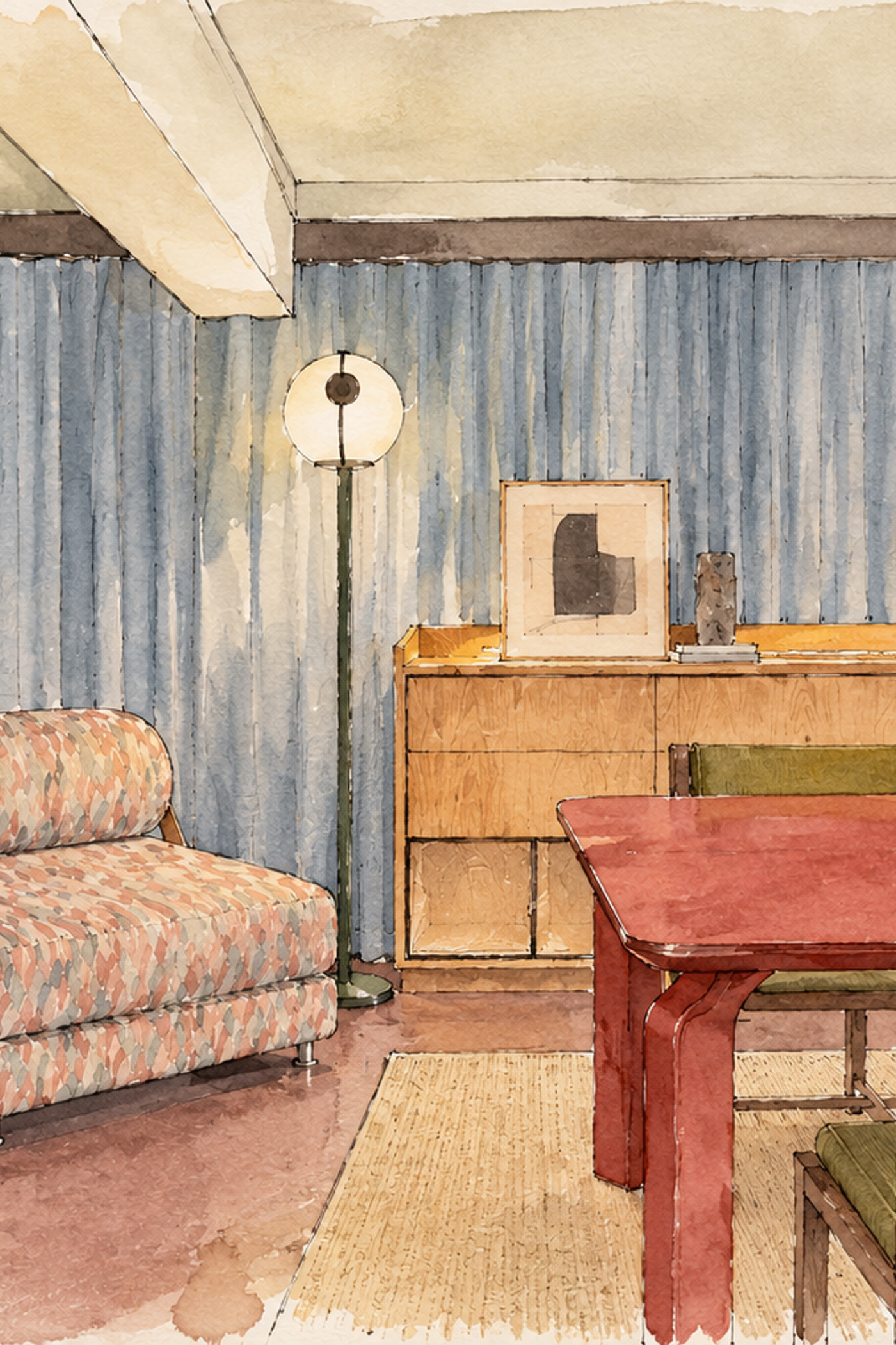 Watercolour visual of the K&L Camden Passage showroom: blue curtained walls, a patterned armchair, a red dining table and an orange pendant light