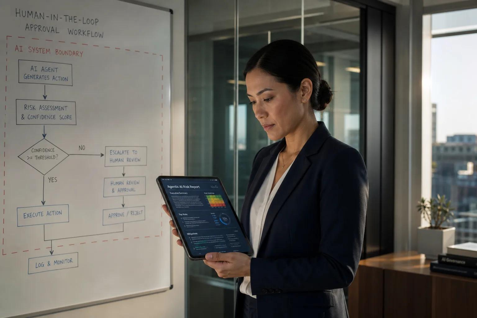 Woman in a suit holds a tablet displaying an AI risk report; a flowchart is on a whiteboard behind her