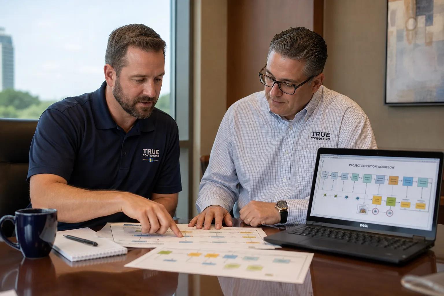 Men from TRUE CONTRACTOR and TRUE CONSULTING reviewing project workflow diagrams on paper and laptop