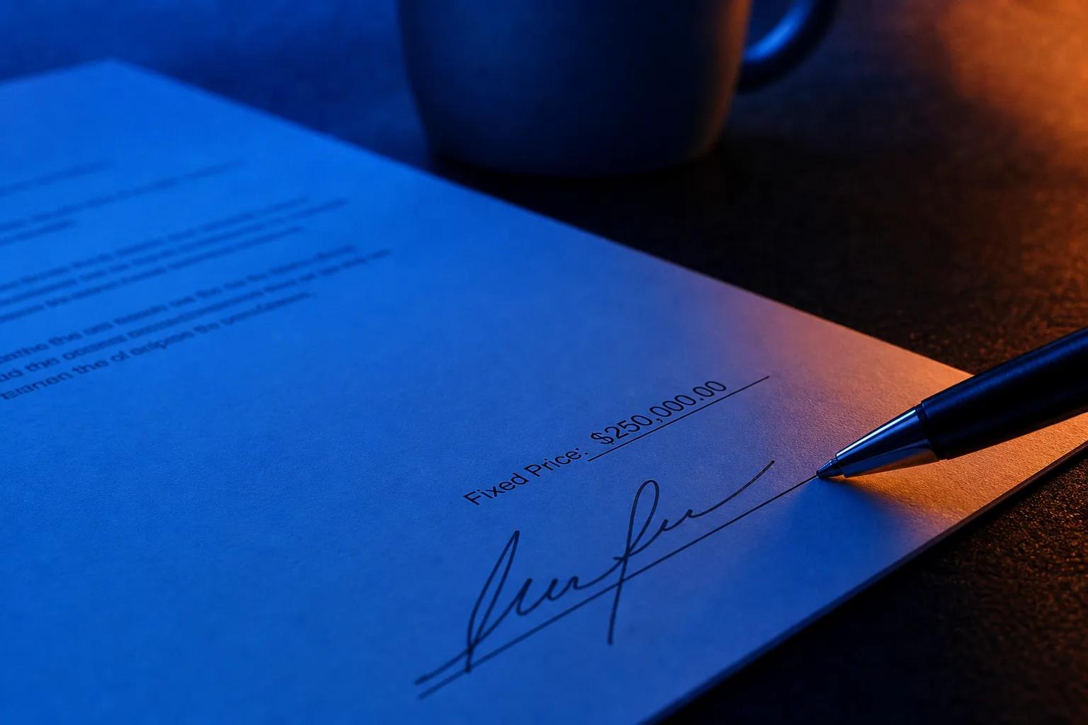 A signed document with 'Fixed Price: $250,000.00' and a pen, illuminated by blue and orange light