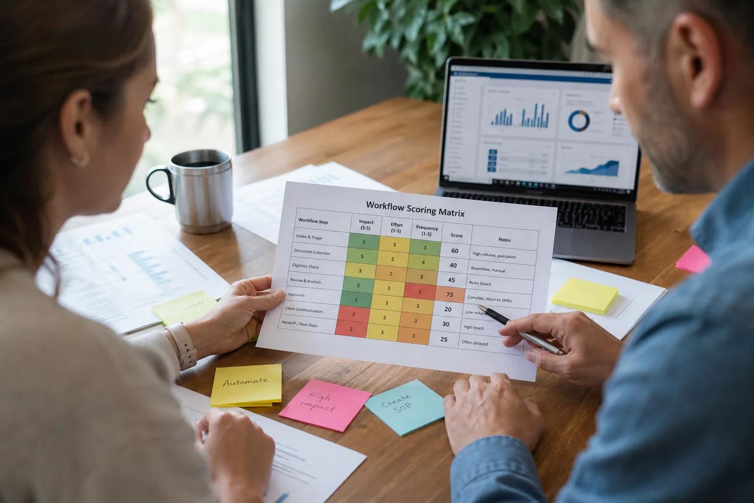 Man pointing at a "Workflow Scoring Matrix" document held by a woman, with a laptop and sticky notes on a desk