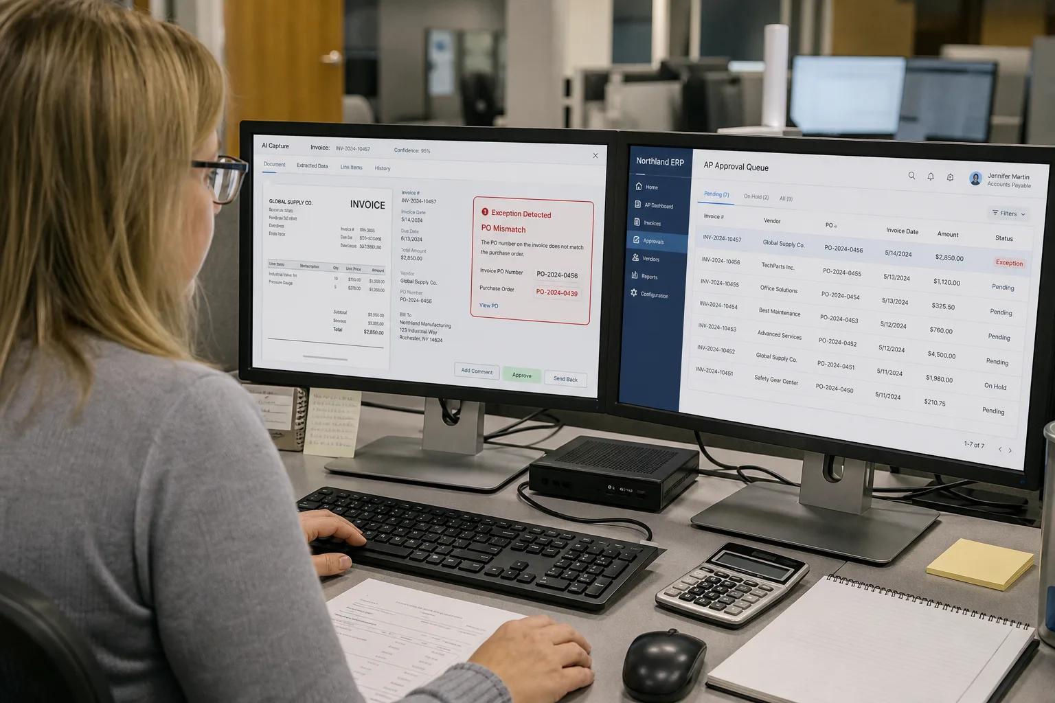 Woman at a desk working on two monitors displaying an invoice with a PO mismatch error and an AP approval queue
