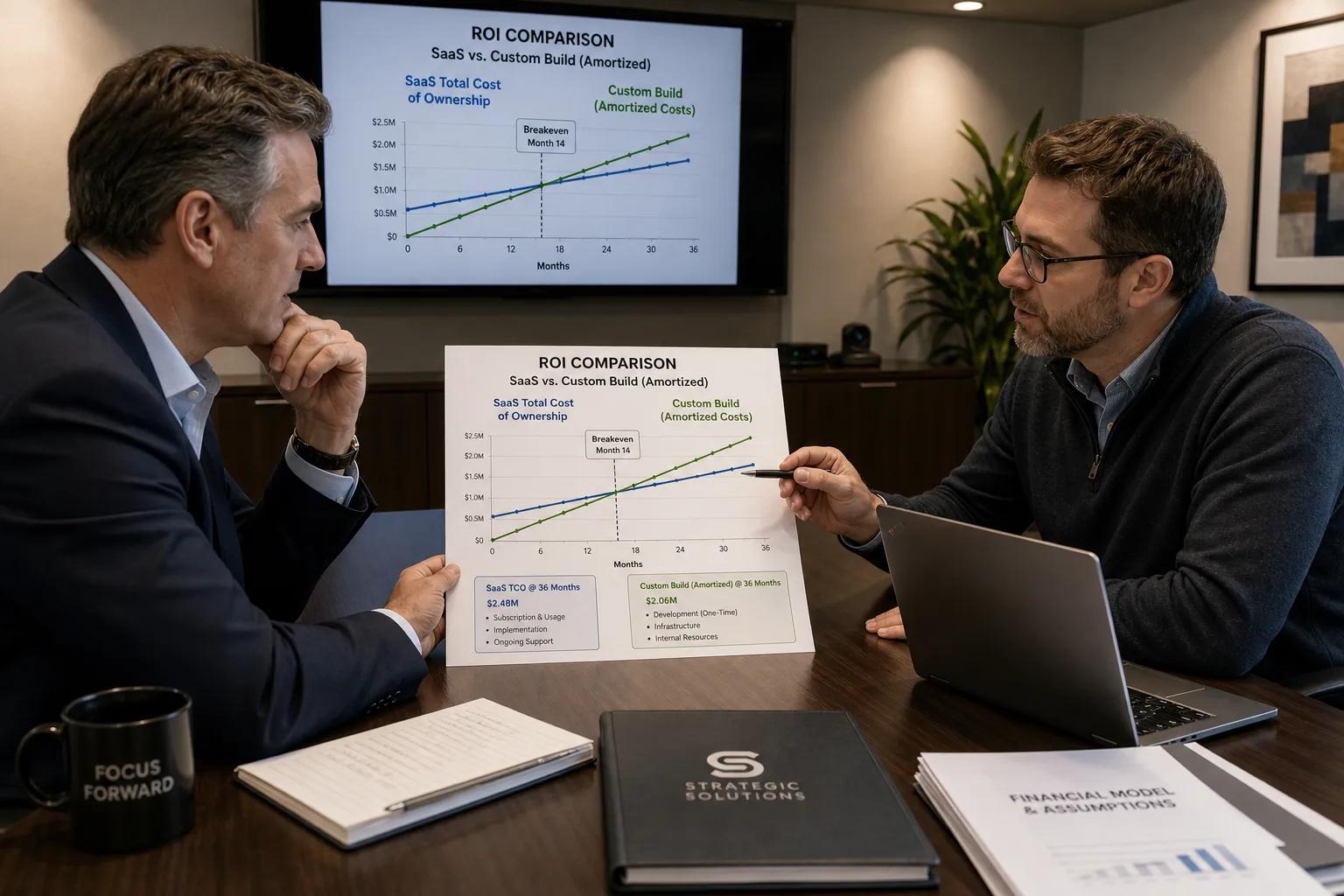 Two men analyze a "ROI COMPARISON SaaS vs. Custom Build" chart, showing a breakeven at Month 14