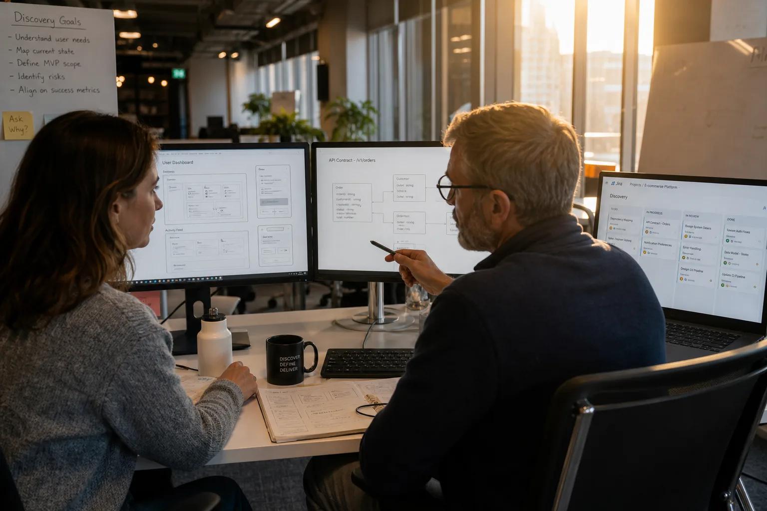 Two people collaborating on UI designs and API contracts on monitors; a 'Discovery Goals' chart and Jira board are visible