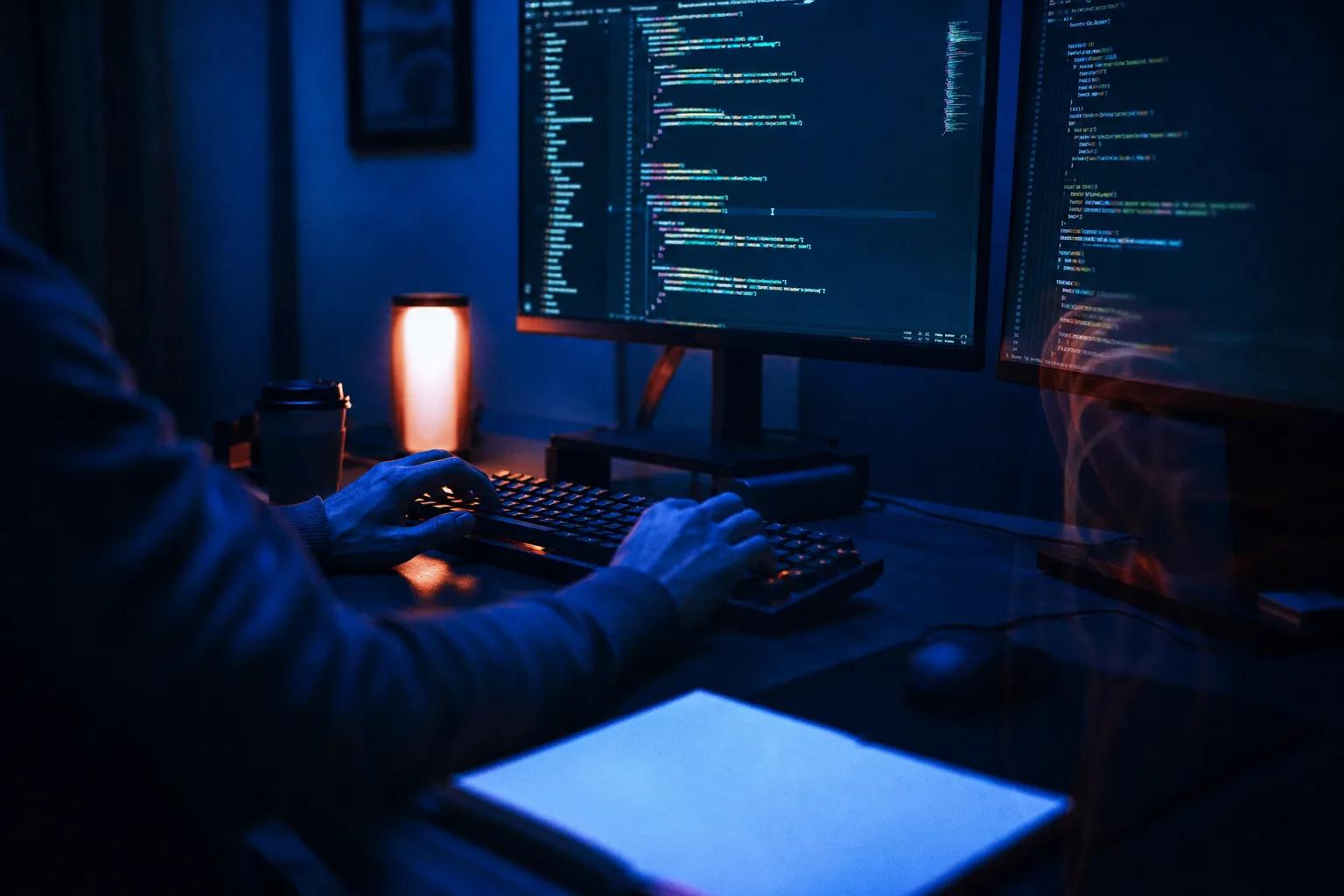 Hands typing on a keyboard, two computer monitors display code in a blue-lit room with an orange lamp
