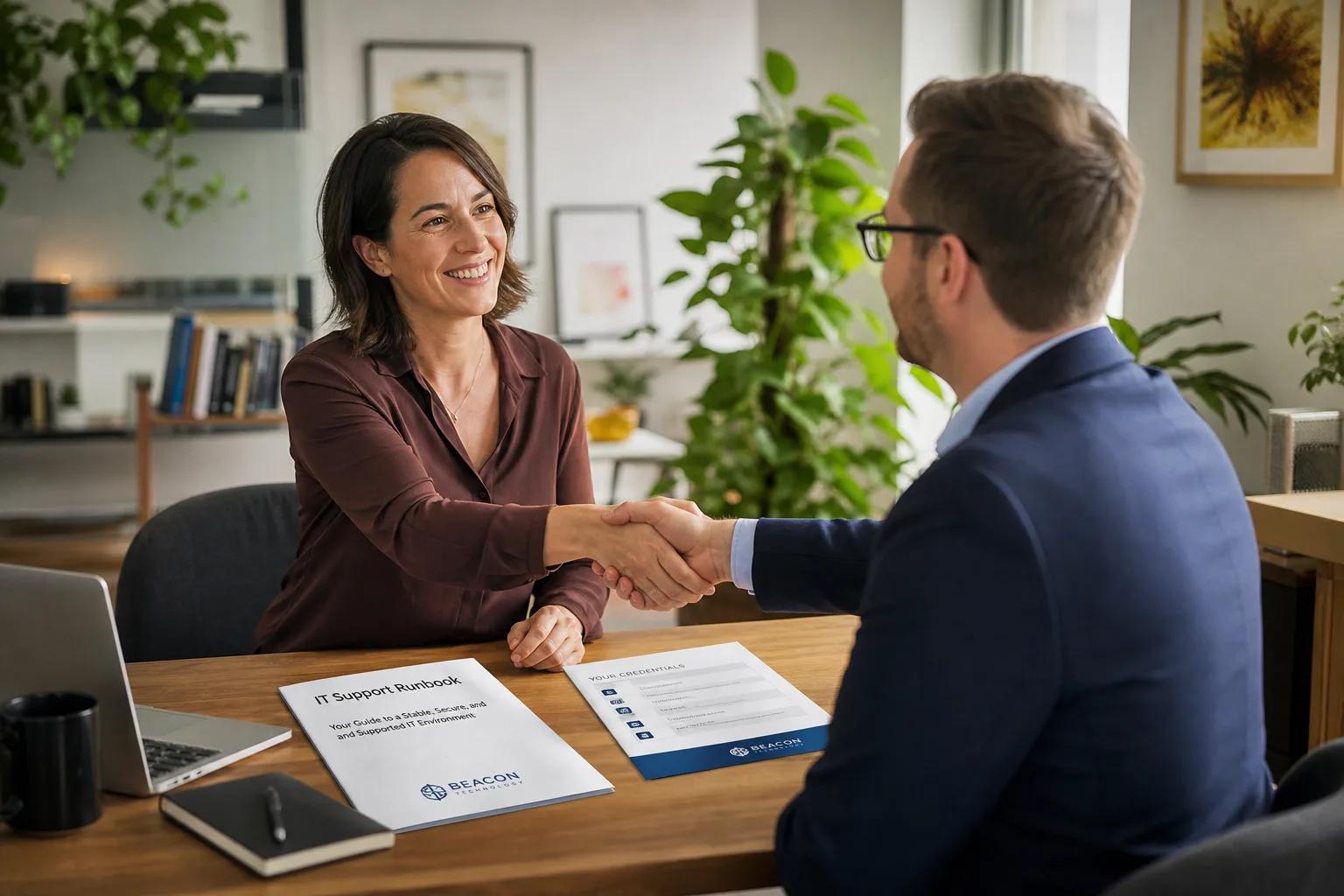 Smiling woman and man in glasses shaking hands. IT Support Runbook, credentials, laptop on desk