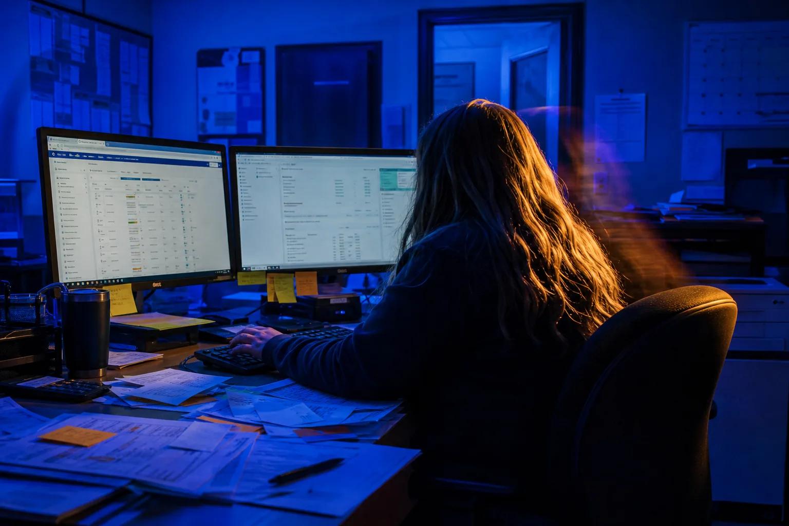 Person typing at a keyboard with dual monitors in a blue-lit room, warm light on their hair, desk covered in papers