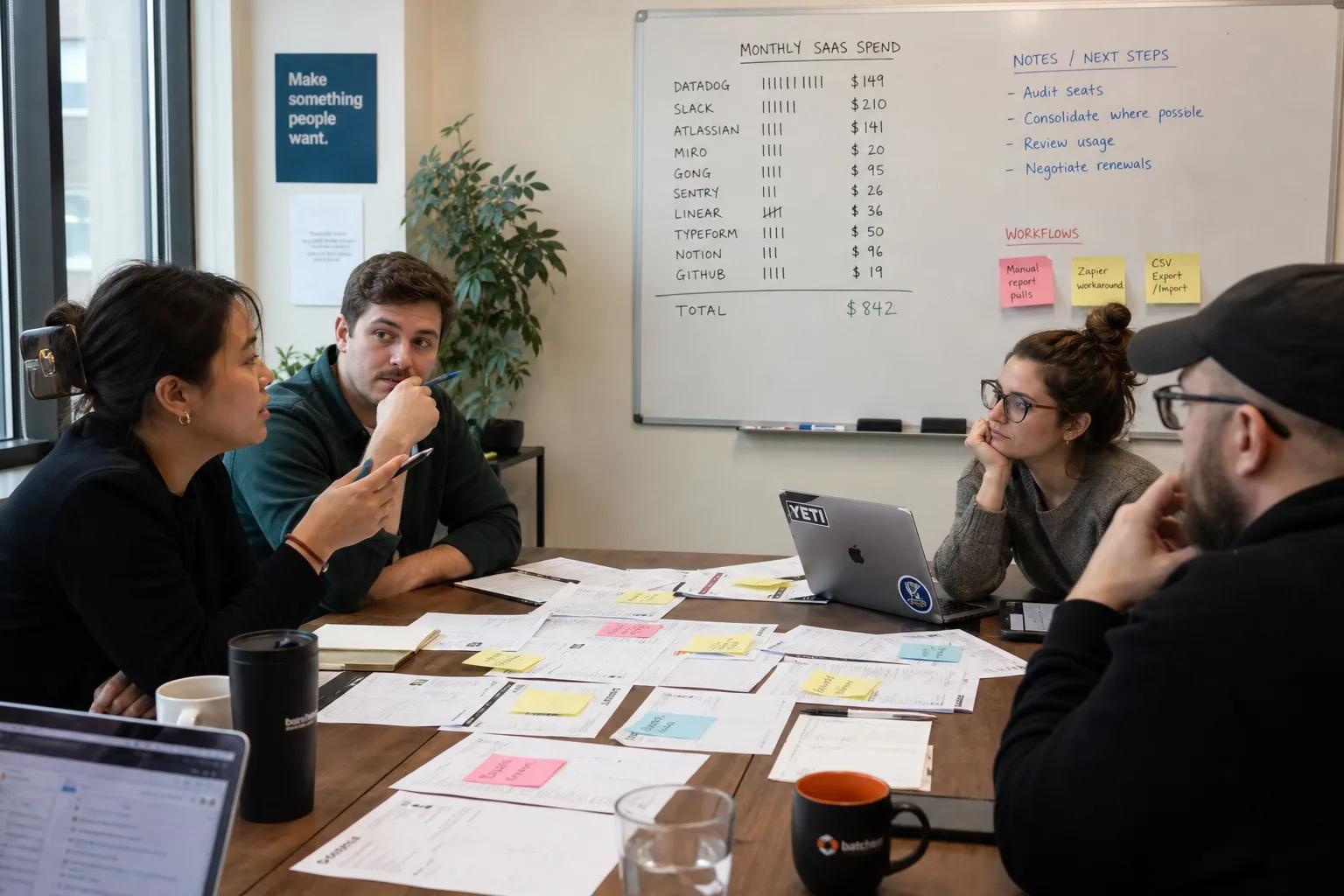 Four colleagues in a meeting, reviewing monthly SaaS spend and action items on a whiteboard and papers.