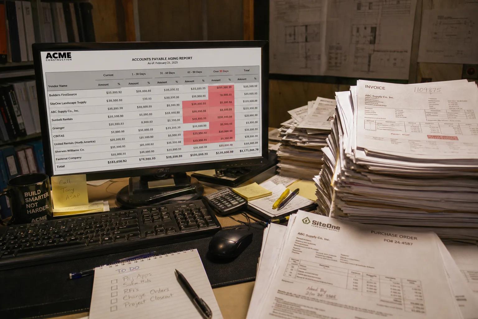 Messy desk with construction company's accounts payable report, large stacks of invoices, and a to-do list