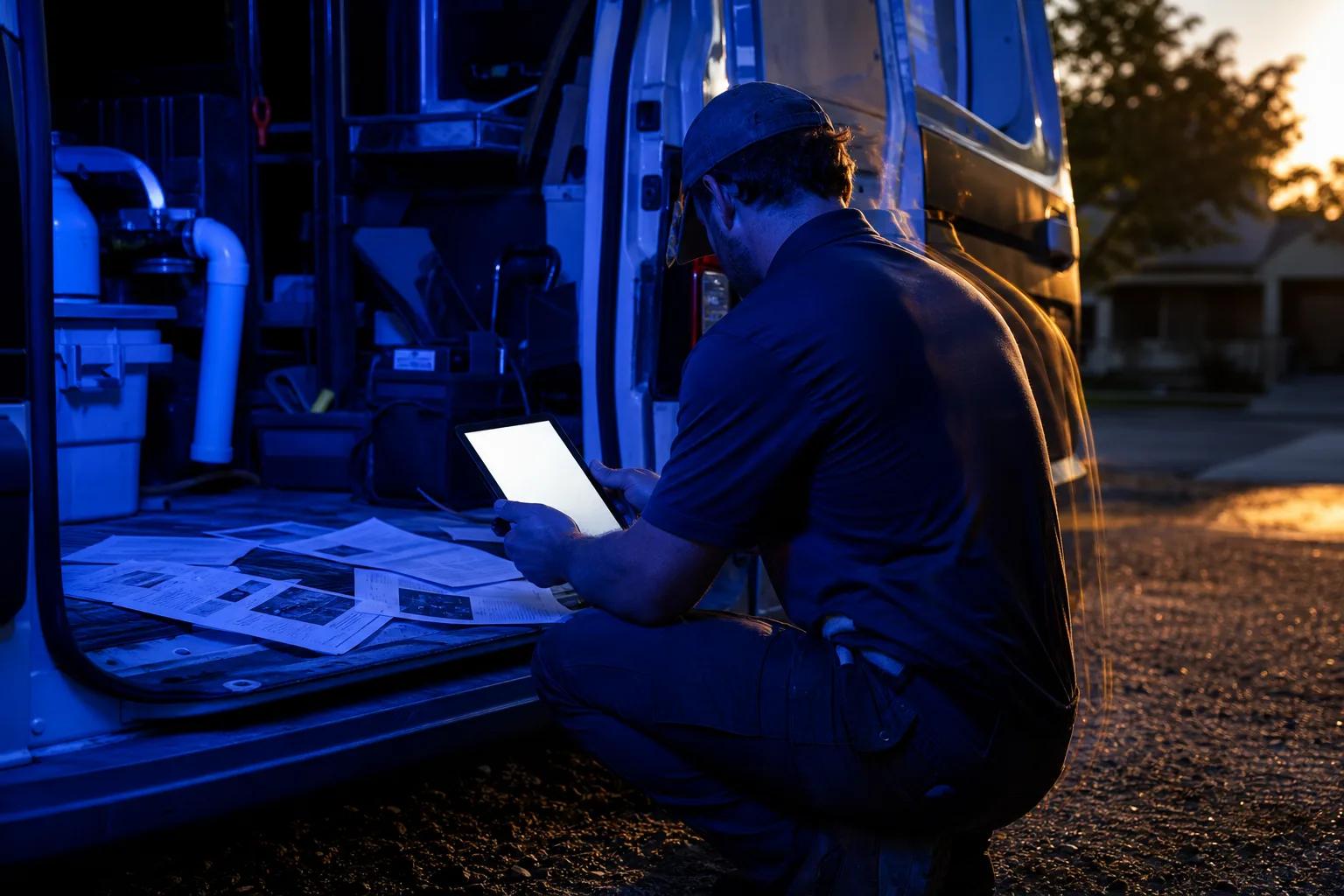 Man kneels by an open work van, looking at a glowing tablet. Blue light illuminates the van's interior, golden sunset light
