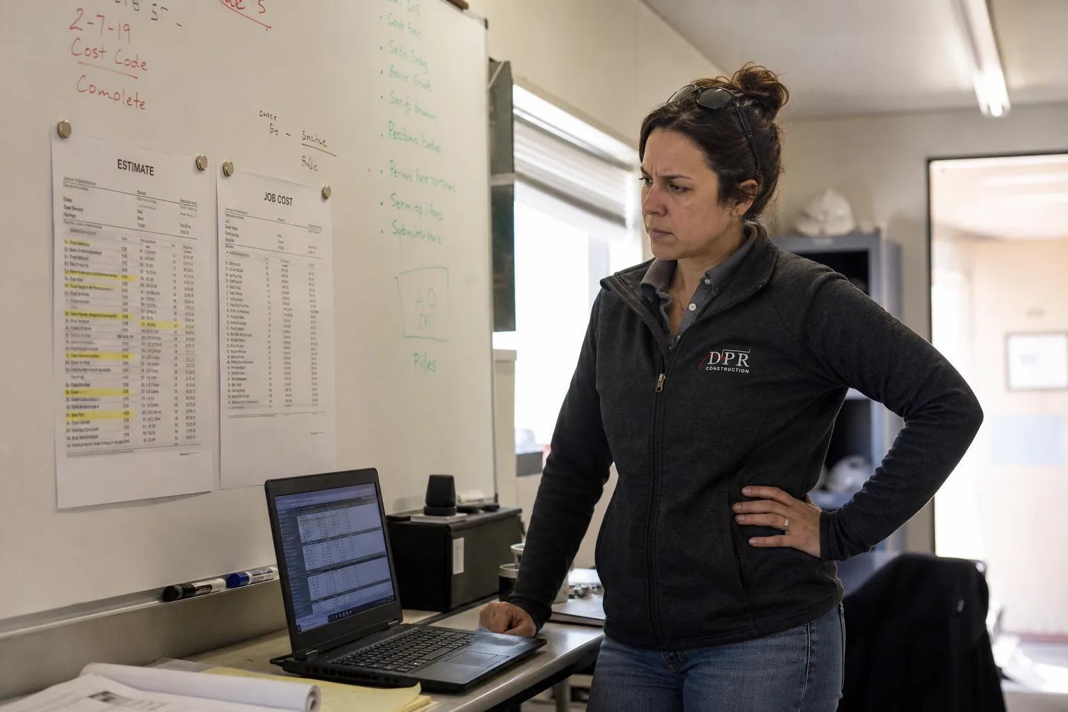 Woman in DPR Construction jacket looking at a laptop, with estimate and job cost sheets on a whiteboard behind her