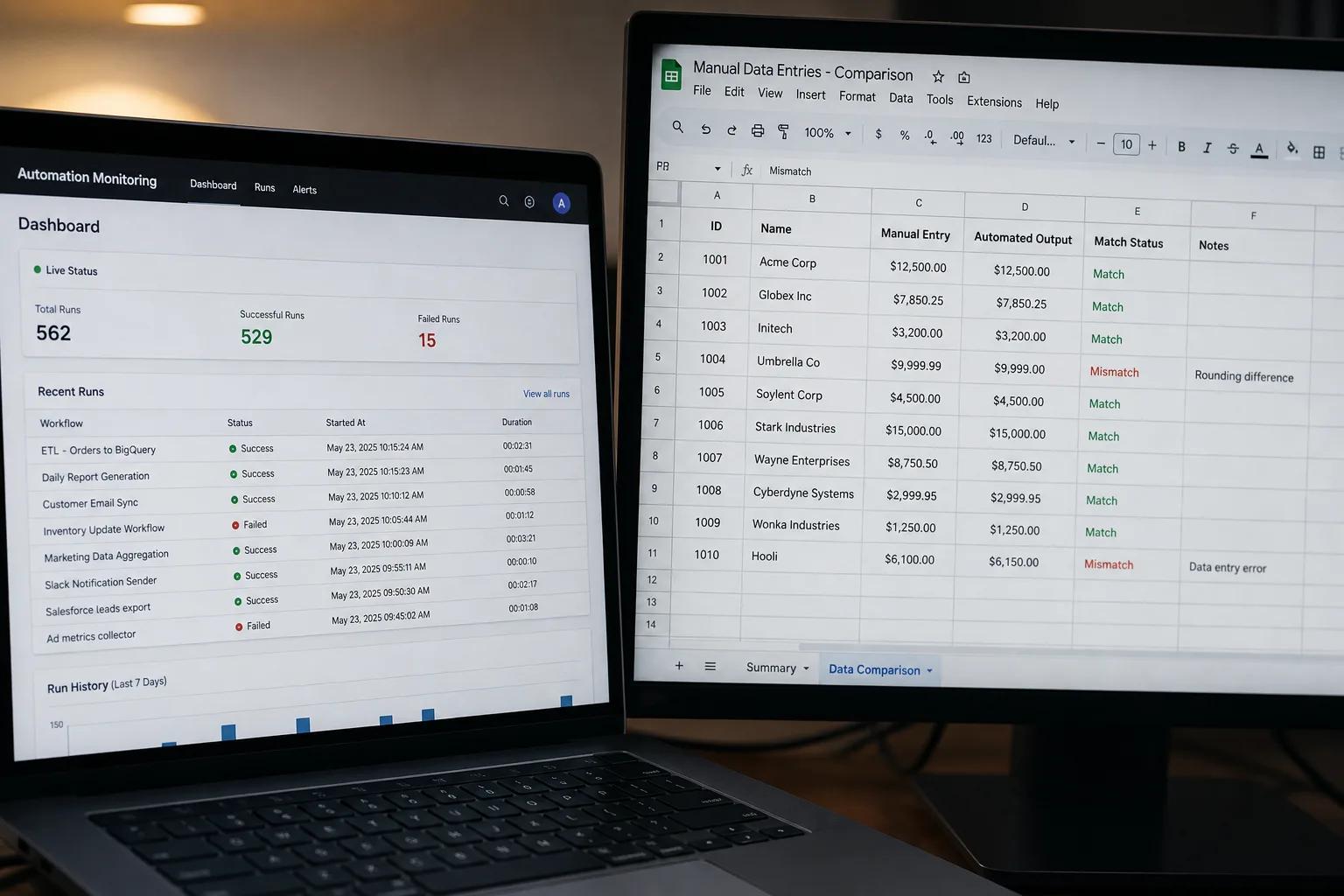 Automation monitoring dashboard on a laptop next to a monitor displaying a data comparison spreadsheet