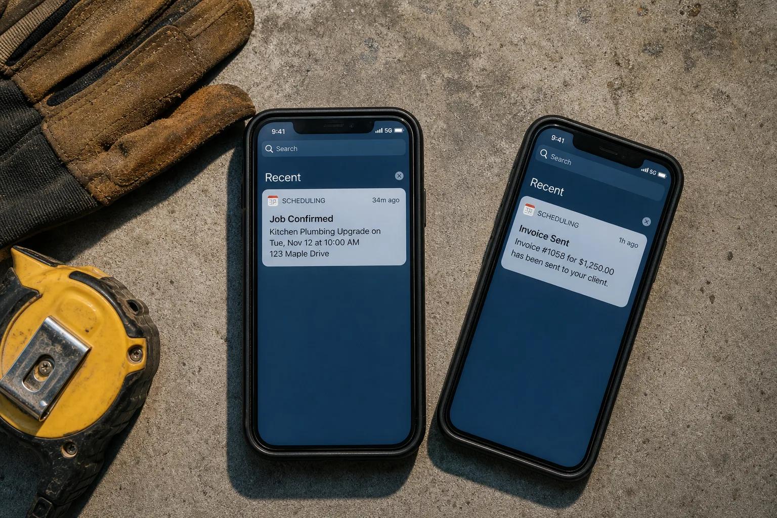 Two phones on concrete show 'Job Confirmed' and 'Invoice Sent' notifications next to a work glove and tape measure