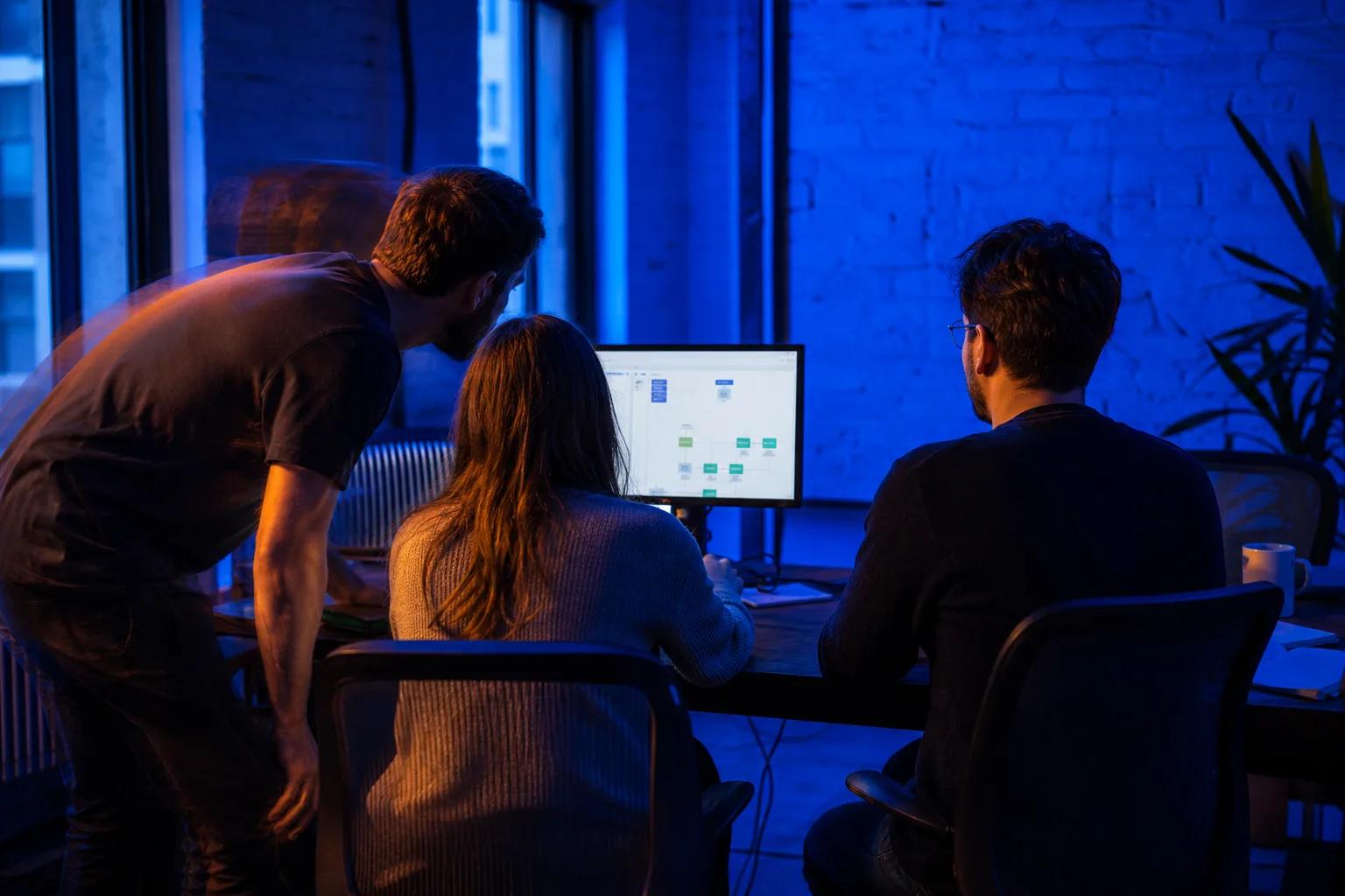 Three colleagues in a blue-lit office, one standing and two seated, focused on a workflow diagram on a monitor