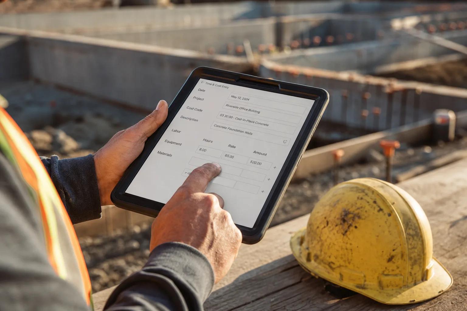 Hands entering construction data on a tablet, with a hard hat and concrete foundation walls in the background