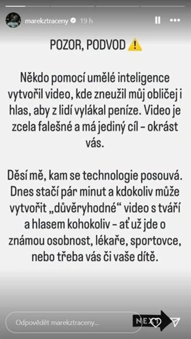 Umělá inteligence zašla příliš daleko: Marek Ztracený promluvil o podvodu, který mu změnil život Umělá inteligence zašla příliš daleko: Marek Ztracený promluvil o podvodu, který mu změnil život