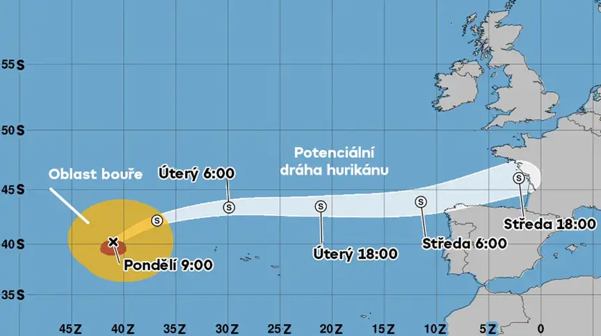 Předpokládaná trasa pohybu ex-hurikánu Kirk.