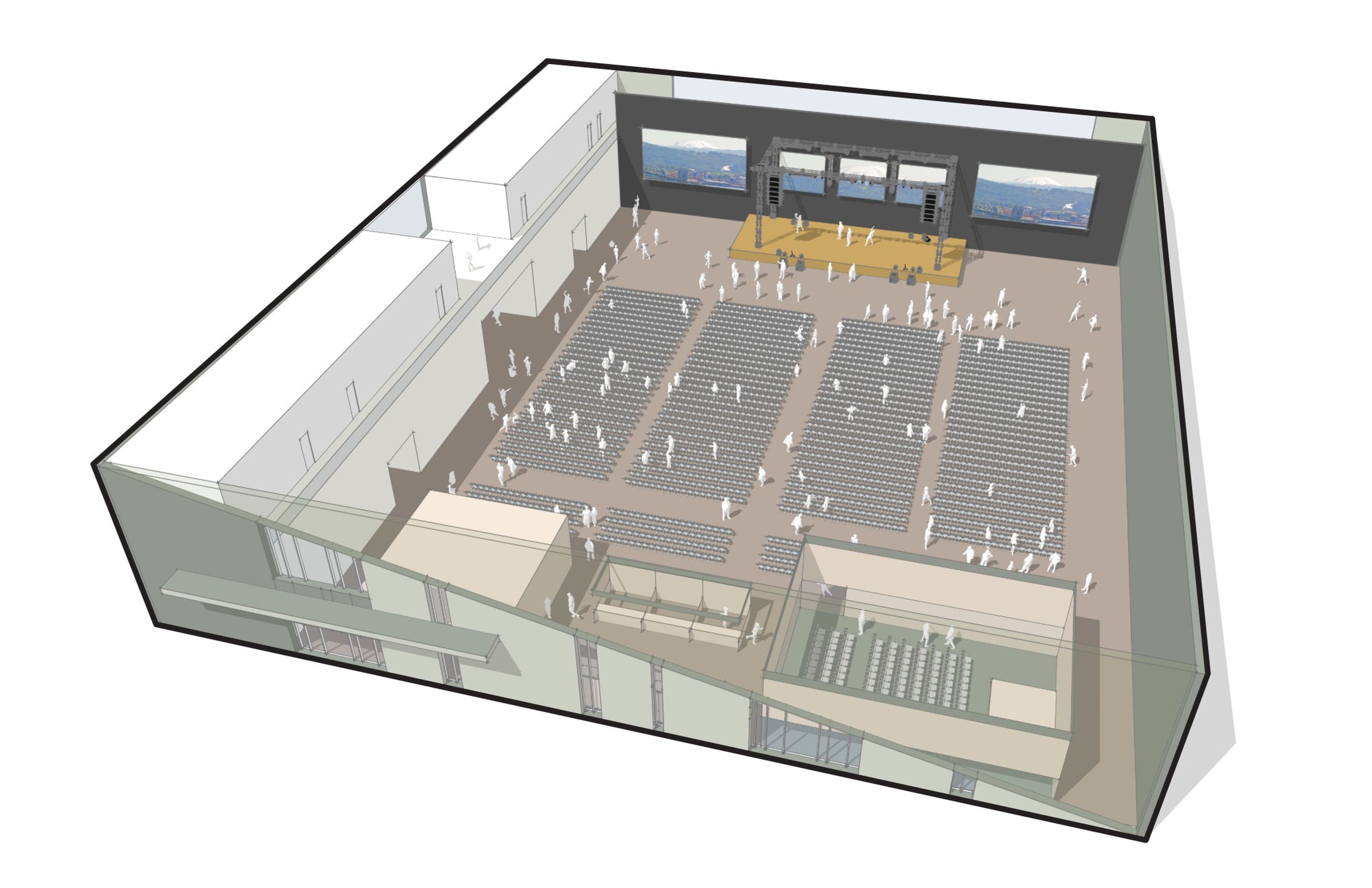 An example rendering showcasing what a concert or keynote speaker could look like at the Indoor Sportsplex at Cowlitz County Event Center.