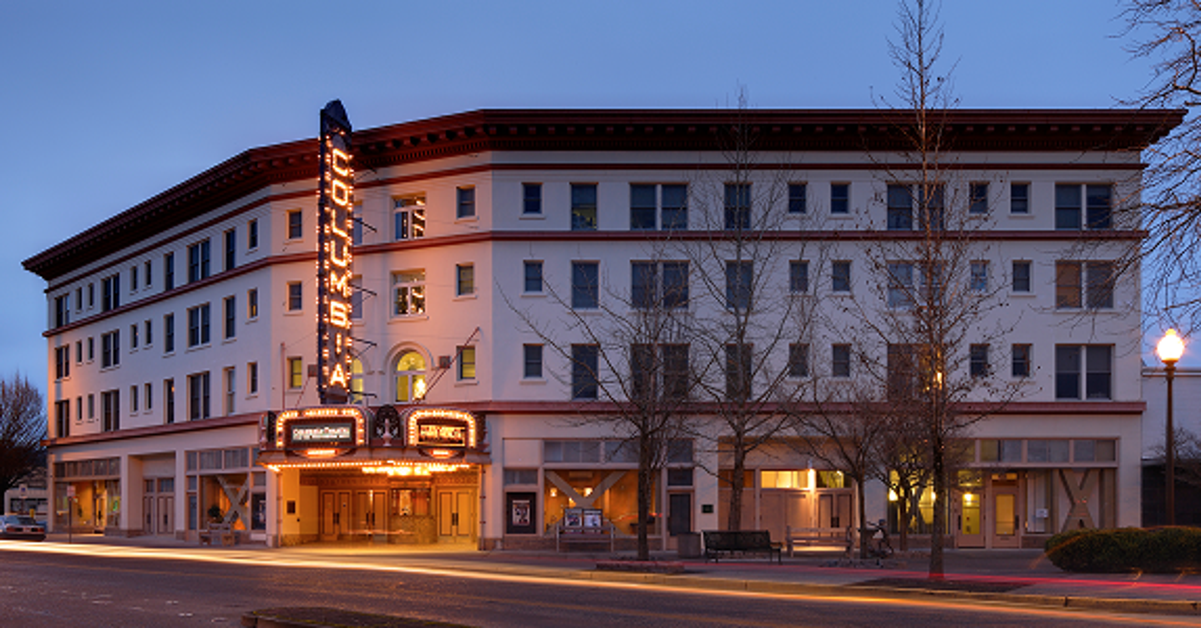 Image of the front of the Columbia Theatre in downtown Longview, WA