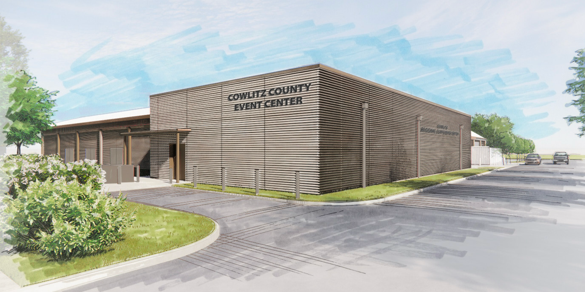 Cowlitz County Event Center rendering of southwest corner