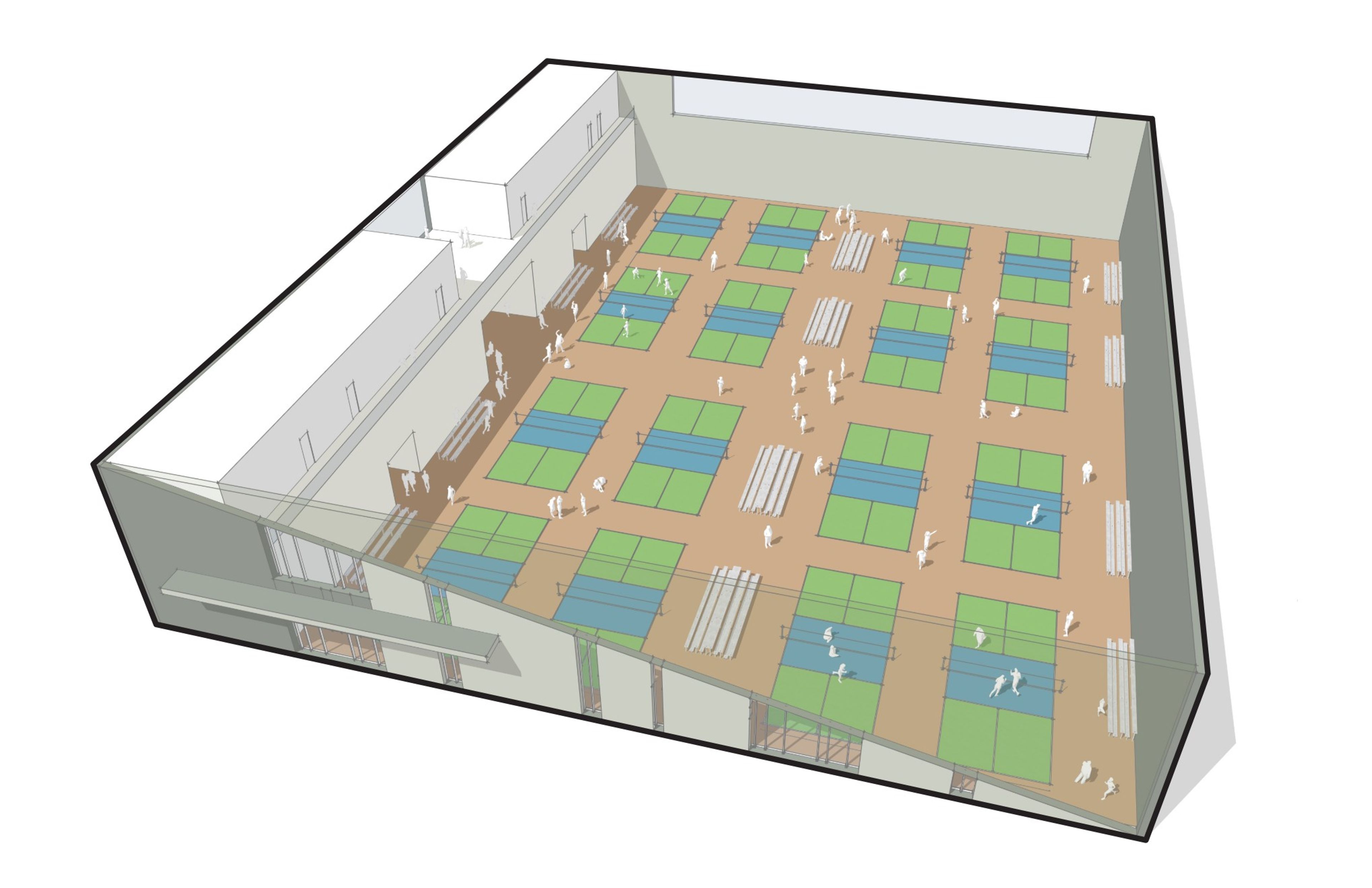An example rendering showcasing what multiple pickleball courts could look like at the Indoor Sportsplex at Cowlitz County Event Center.