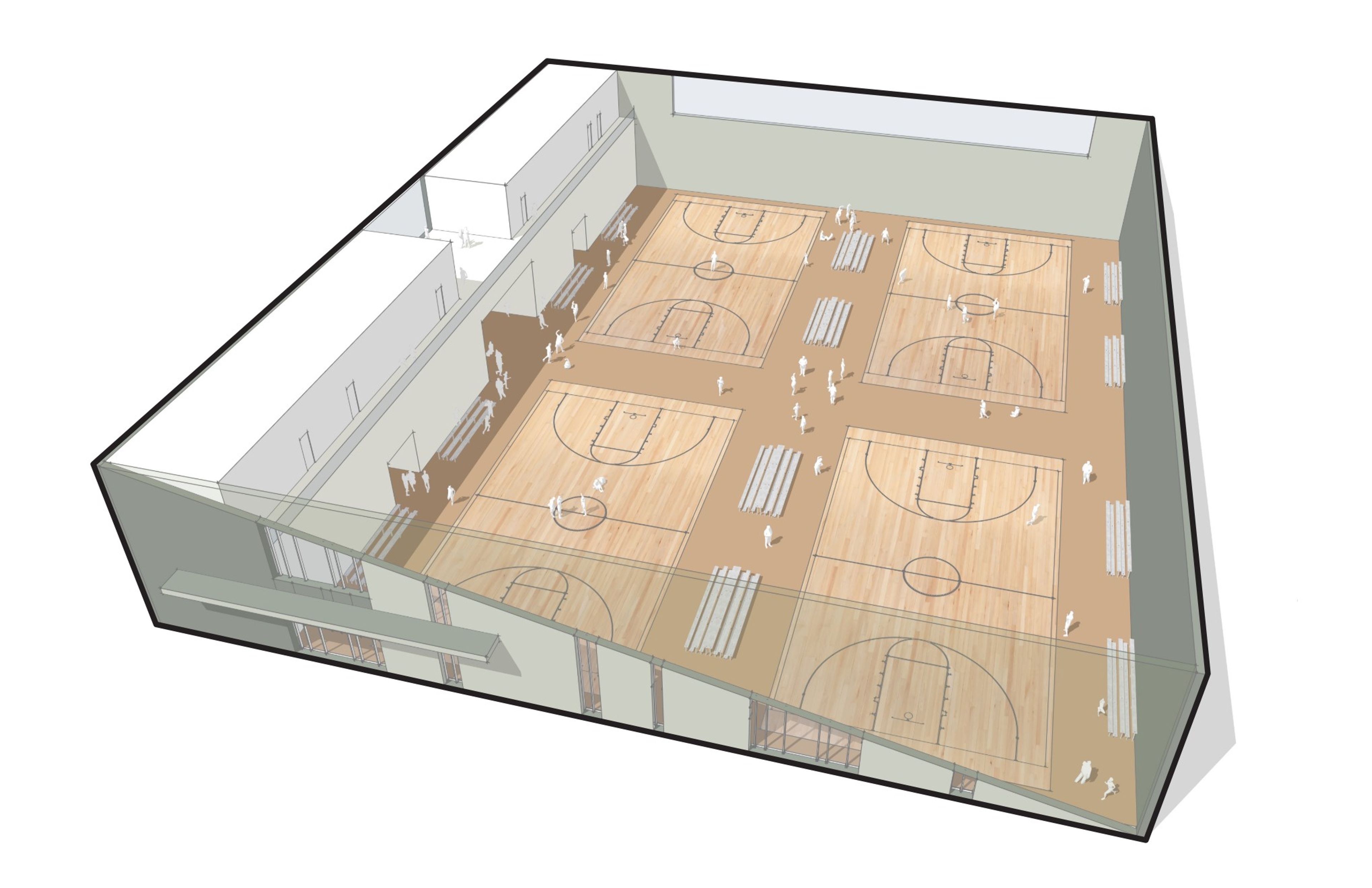 An example rendering showcasing what multiple basketball courts could look like at the Indoor Sportsplex at Cowlitz County Event Center.