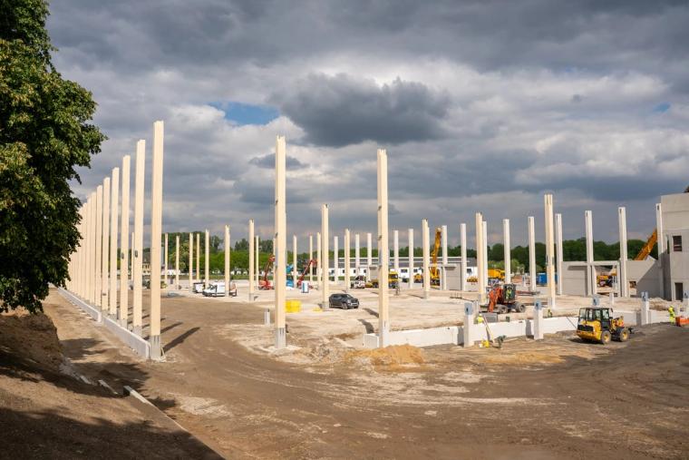 Reihe aufgestellter Holz-Rohrstützen im Raster auf der Baustelle unter dramatischem Wolkenhimmel