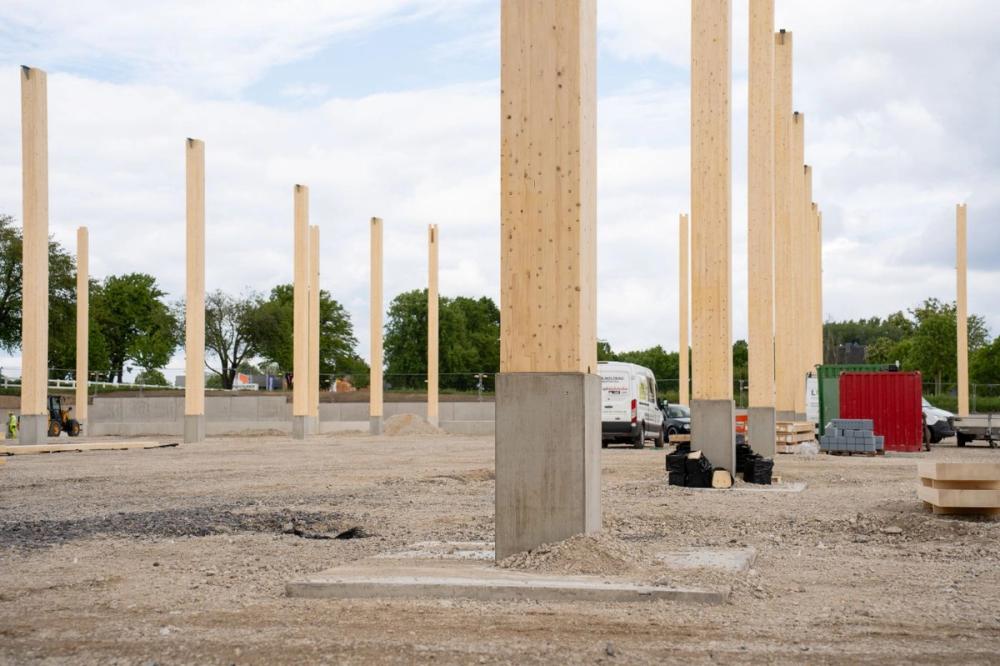 Errichtete Holzstützen auf Betonsockeln, Baustelle SEGRO Mönchengladbach