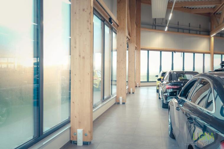 Detail der Glasfassade mit tragenden Holzstützen und Sonnenlicht im Showroom