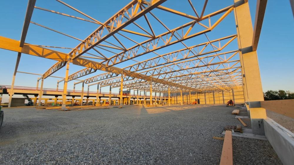 Holz-Fachwerkbinder-Tragwerk einer Halle im warmen Abendlicht