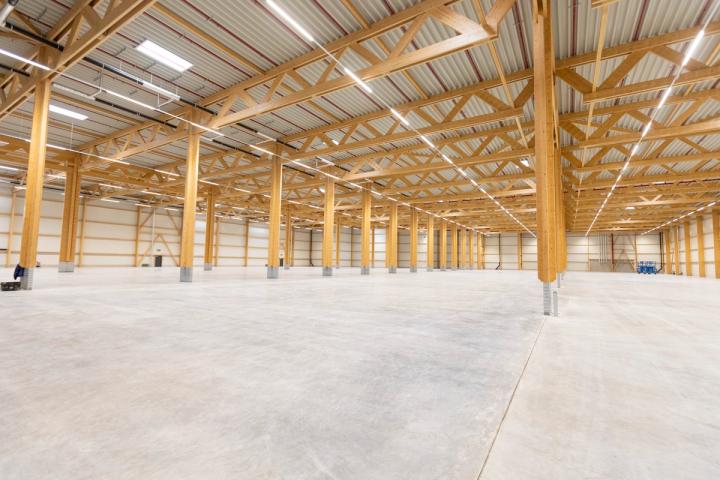Innenansicht der Logistikhalle in Neuötting mit sichtbarem Holztragwerk, gleichmäßig angeordneten Holzstützen und Fachwerkträgern unter der Hallenhülle.