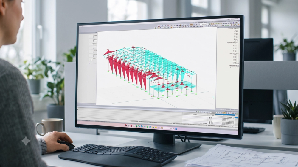 Ingenieur analyseert op het scherm het staticamodel van een hal met belastingsverlopen
