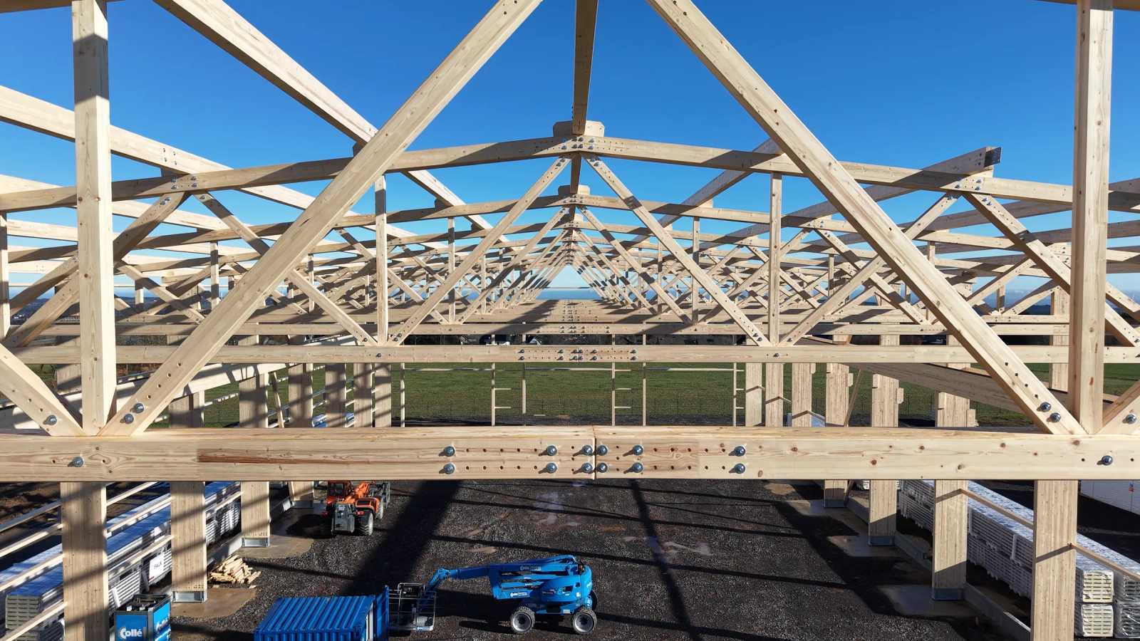 Timber frame of a hall seen from above