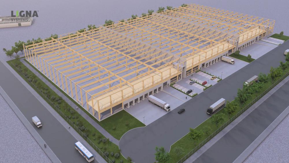 Luftaufnahme des freiliegenden Holztragwerks der Logistikhalle in Mönchengladbach